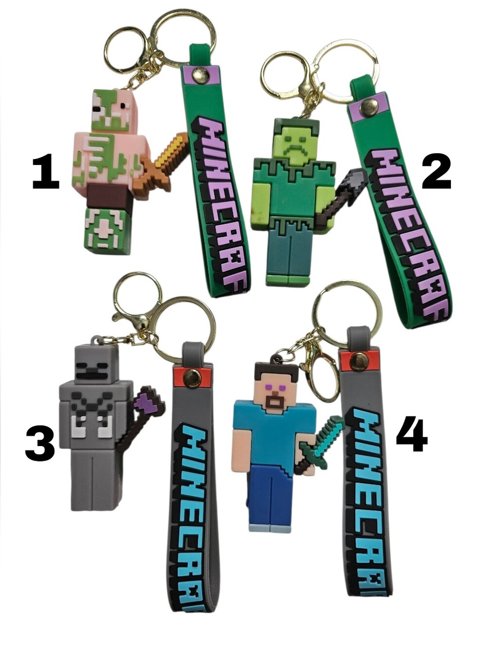 Minecraft (Pick 1) Pixel Character Keychain with Logo Strap NWOT